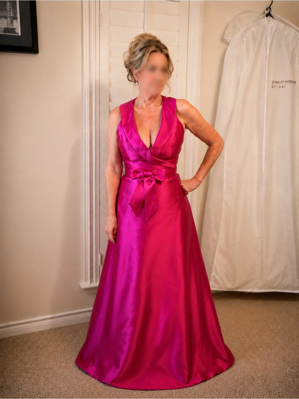 Sleeveless Satin V-Neck Evening Gown with Waist Bow - Fuchsia